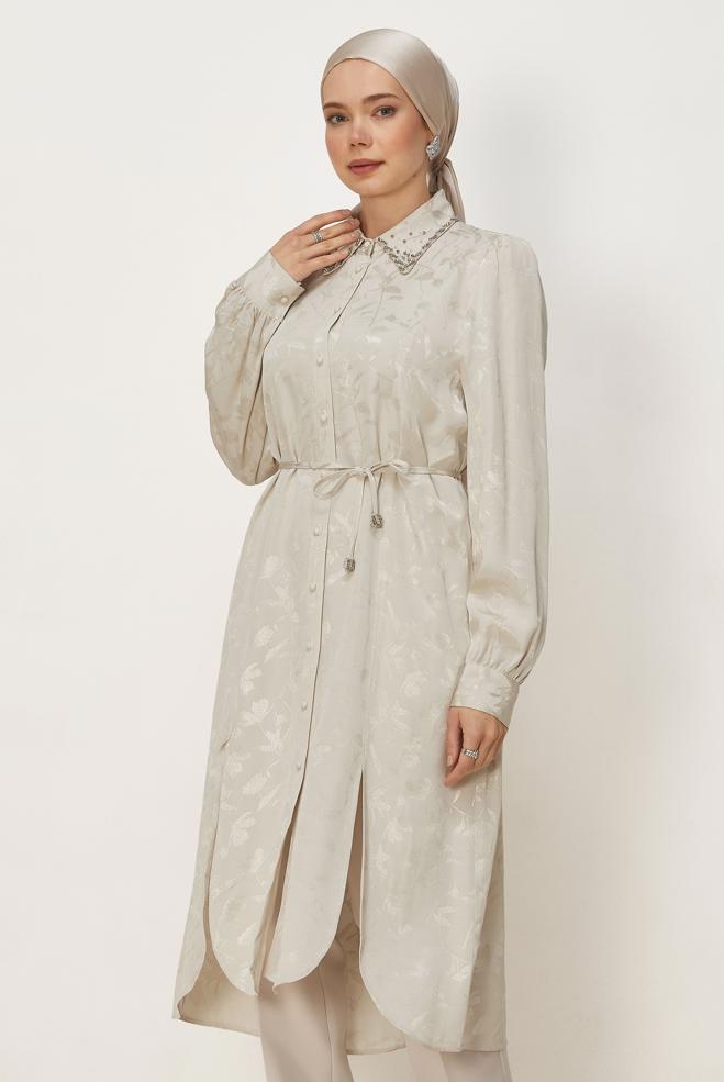 Hijab clothing BEIGE BELTED JACQUARD TUNIC 46508 - ALVİNA