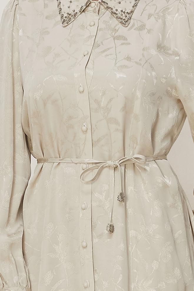 Hijab clothing BEIGE BELTED JACQUARD TUNIC 46508 - ALVİNA