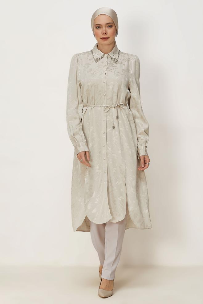 Hijab clothing BEIGE BELTED JACQUARD TUNIC 46508 - ALVİNA