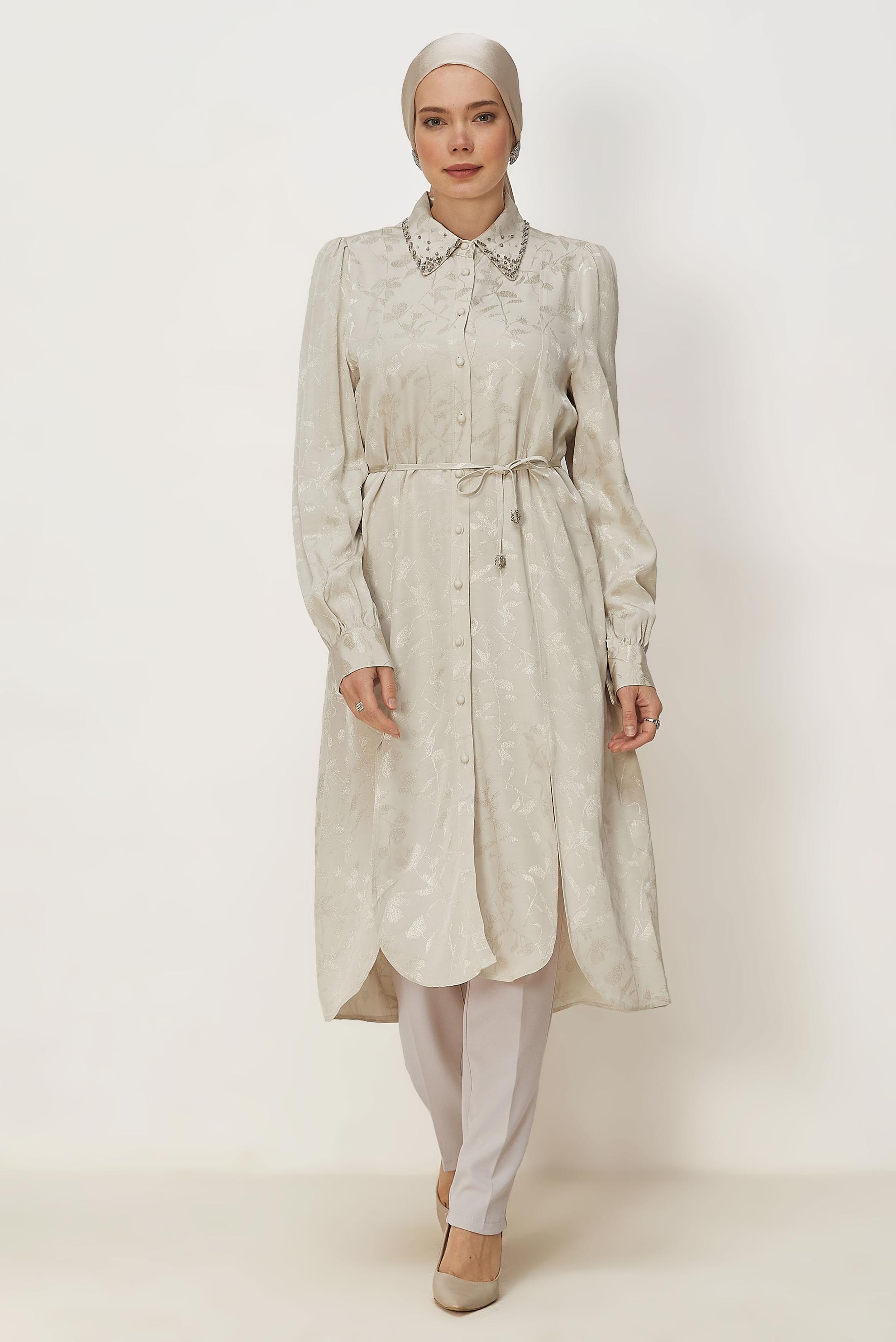 Hijab clothing BEIGE BELTED JACQUARD TUNIC 46508