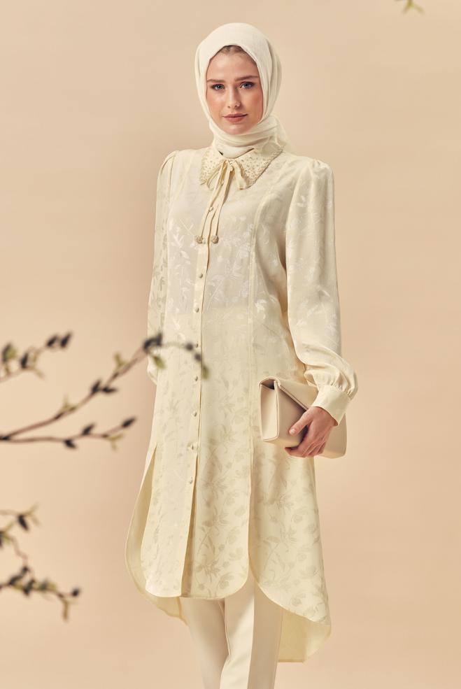 Hijab-Kleidung ECRU JACQUARD-TUNIKA MIT GÜRTEL 46508 - ALVİNA