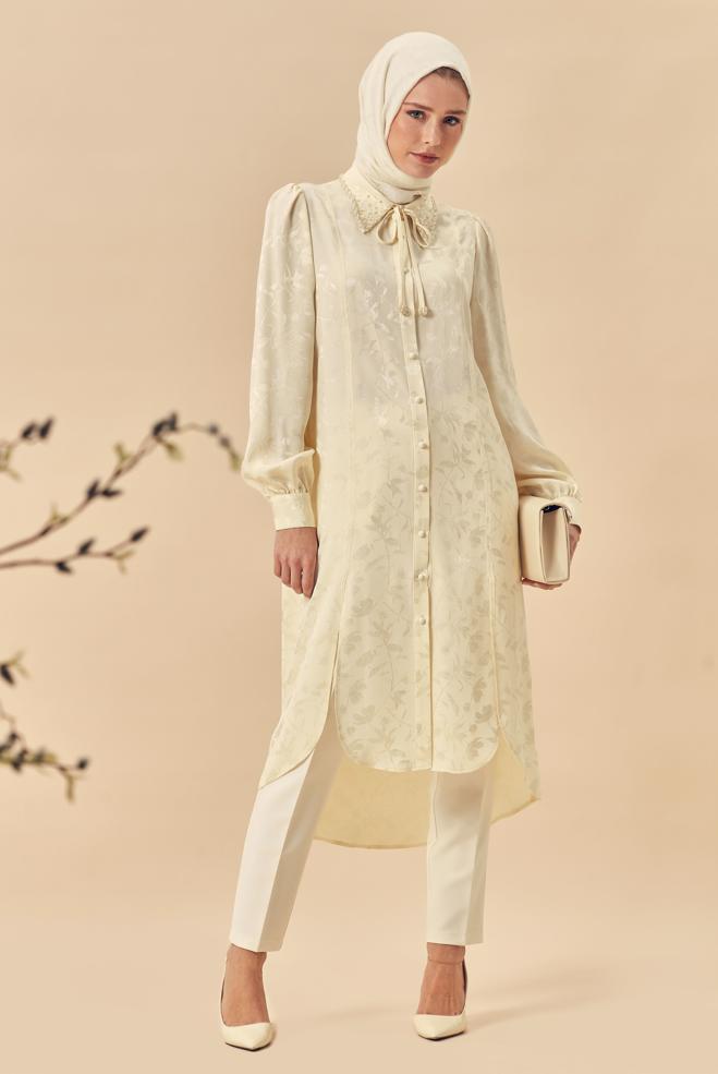 Hijab-Kleidung ECRU JACQUARD-TUNIKA MIT GÜRTEL 46508 - ALVİNA