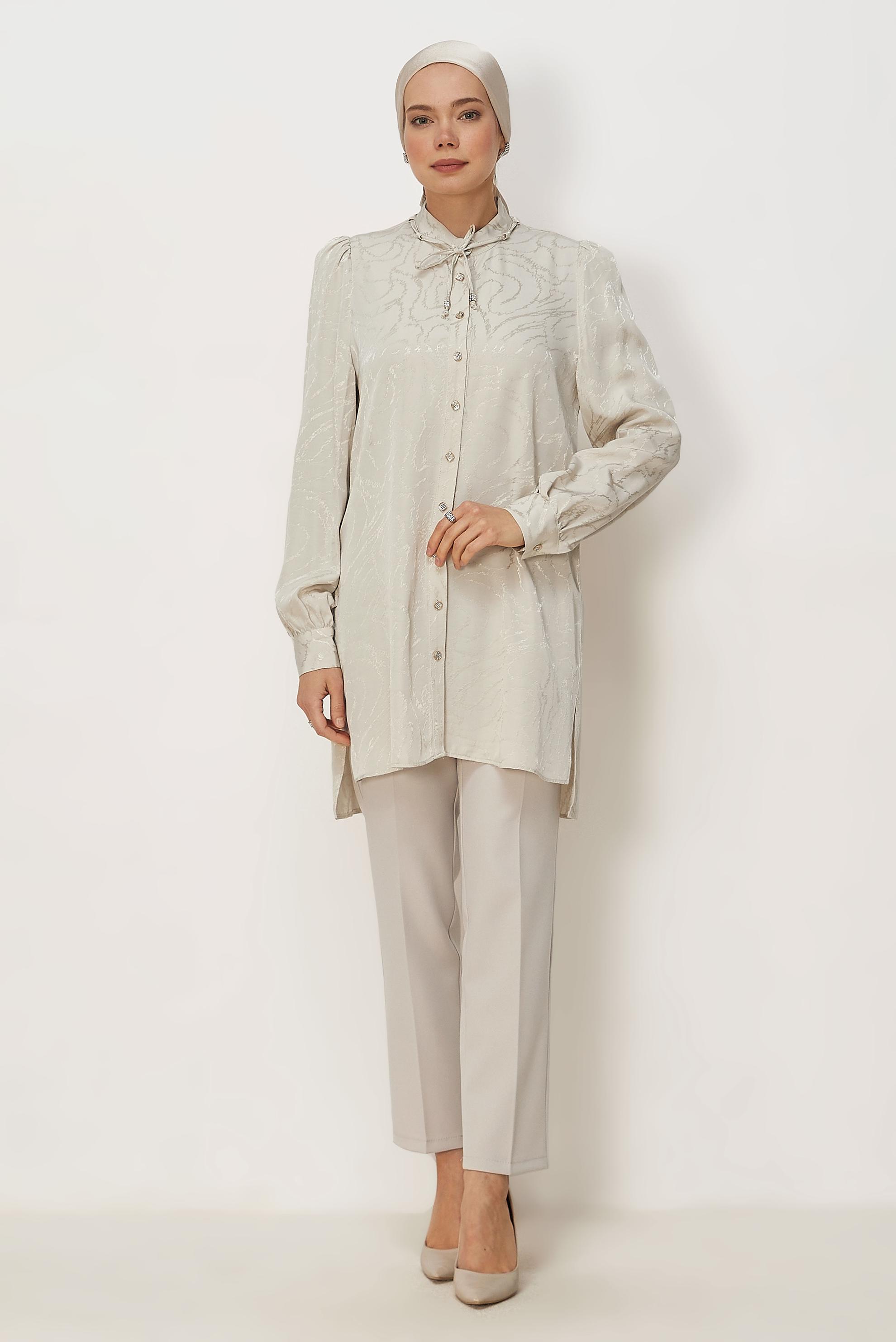Hijab clothing BEIGE TIED NECK SATIN JACQUARD TUNIC 46512