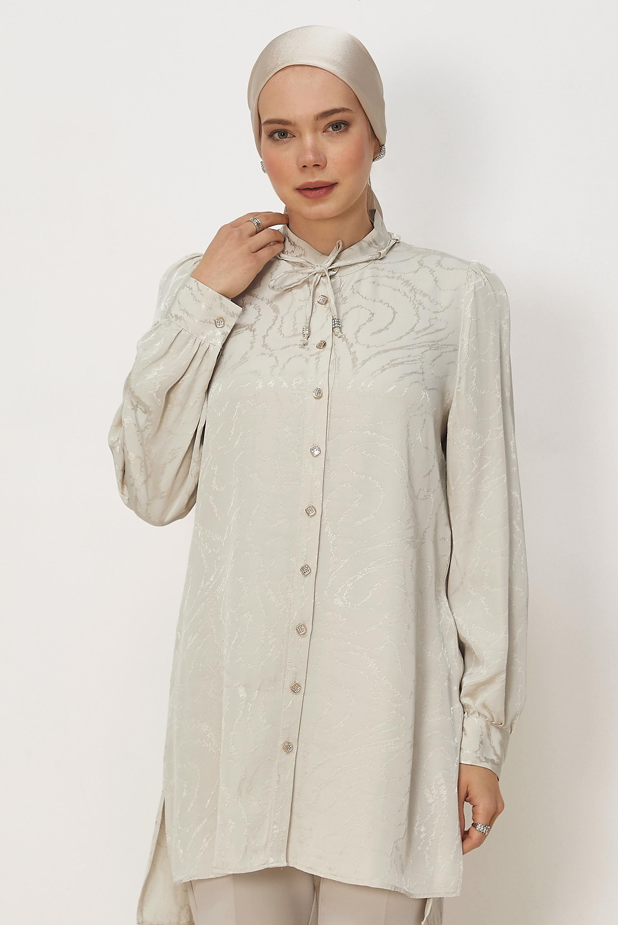Hijab clothing BEIGE TIED NECK SATIN JACQUARD TUNIC 46512
