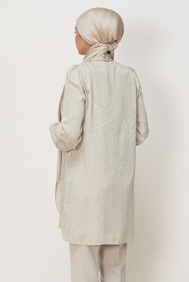 Hijab clothing BEIGE TIED NECK SATIN JACQUARD TUNIC 46512 - ALVİNA