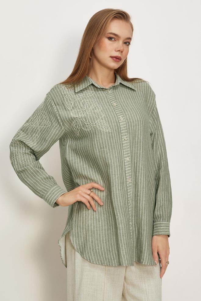 Hijab clothing KHAKI STRIPED MUSLIN SHIRT COLLAR TUNIC 46513 - ALVİNA