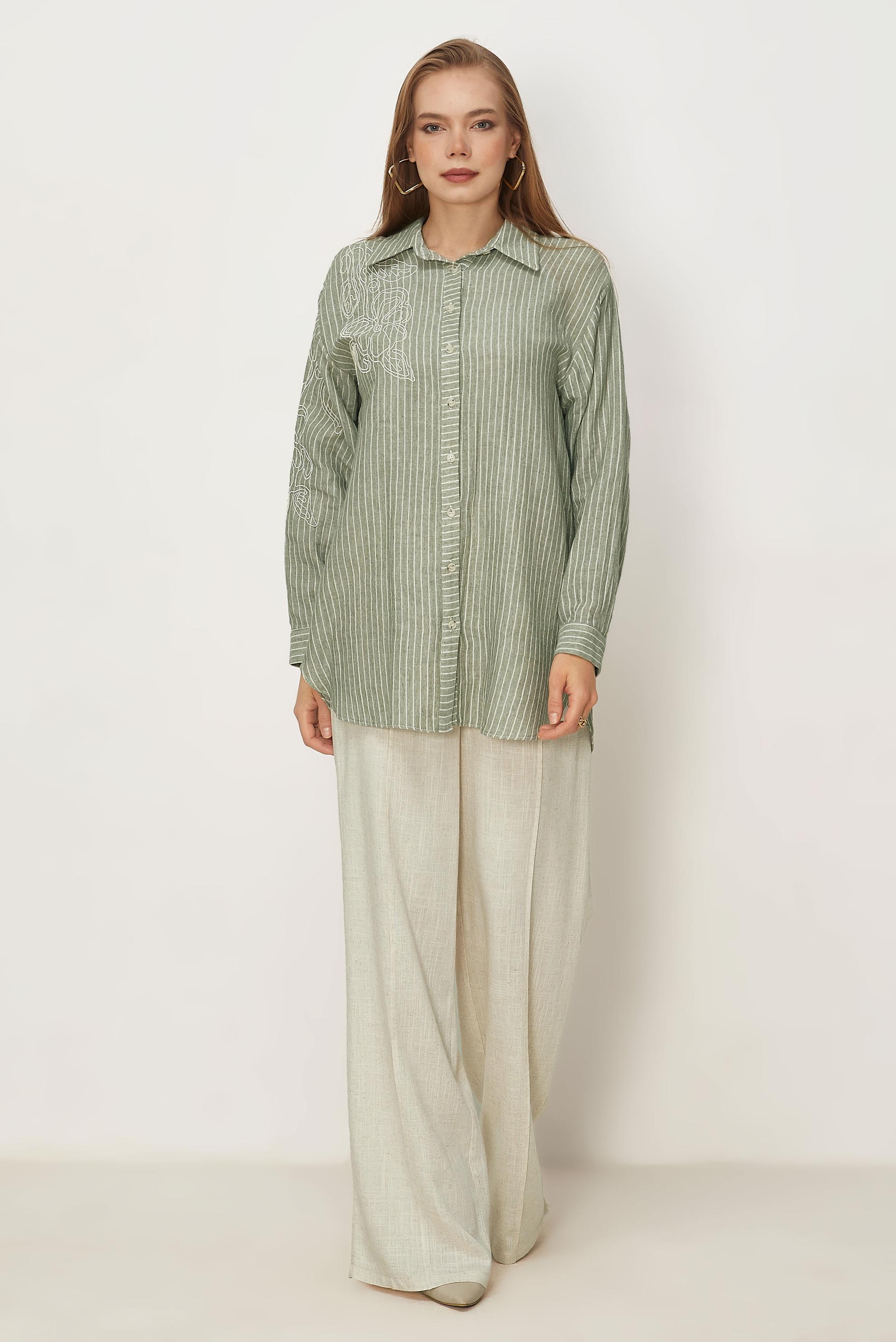 Hijab clothing KHAKI STRIPED MUSLIN SHIRT COLLAR TUNIC 46513