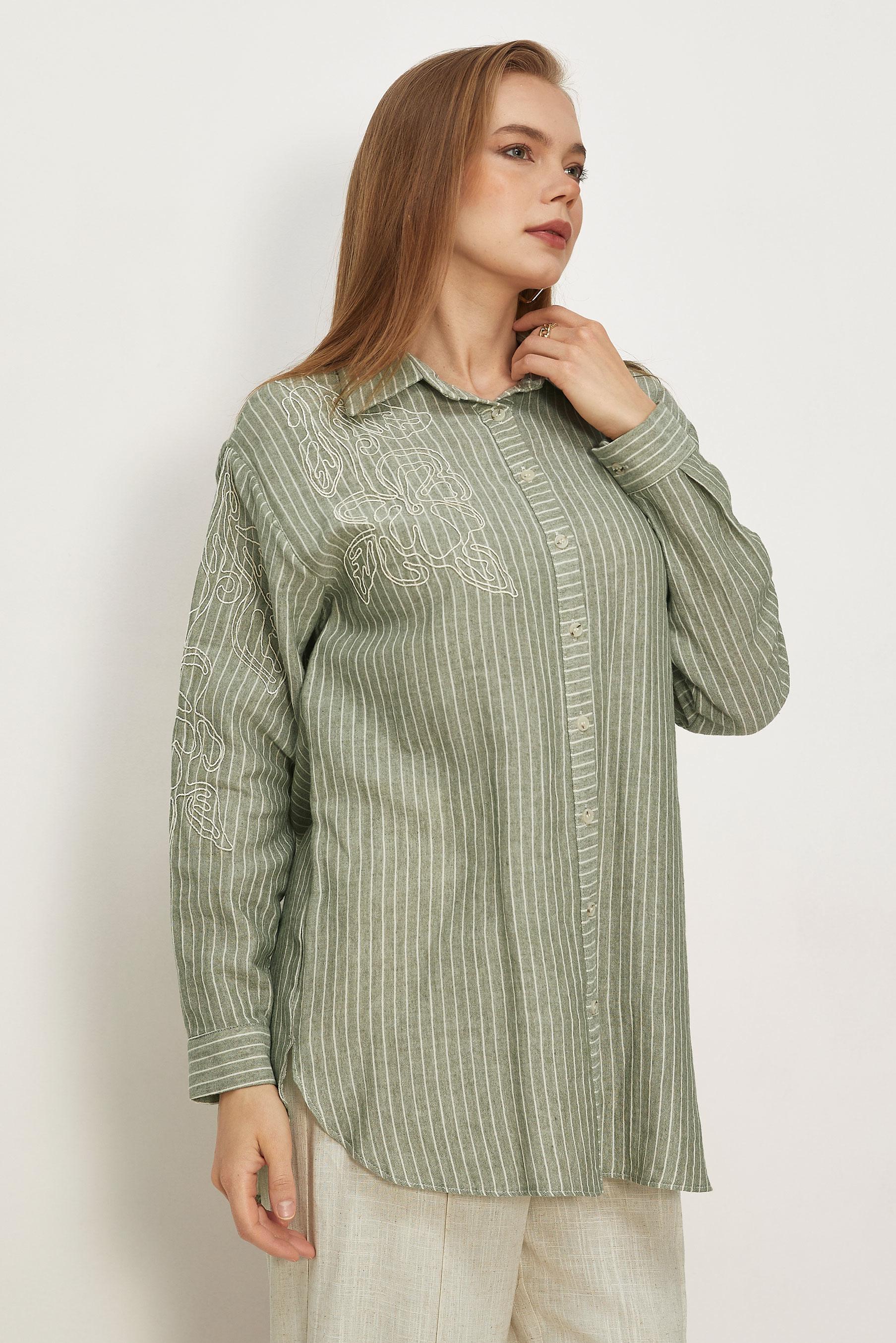 Hijab clothing KHAKI STRIPED MUSLIN SHIRT COLLAR TUNIC 46513