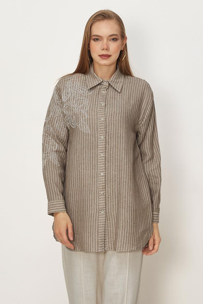 Hijab clothing BROWN STRIPED MUSLIN SHIRT COLLAR TUNIC 46513 - ALVİNA