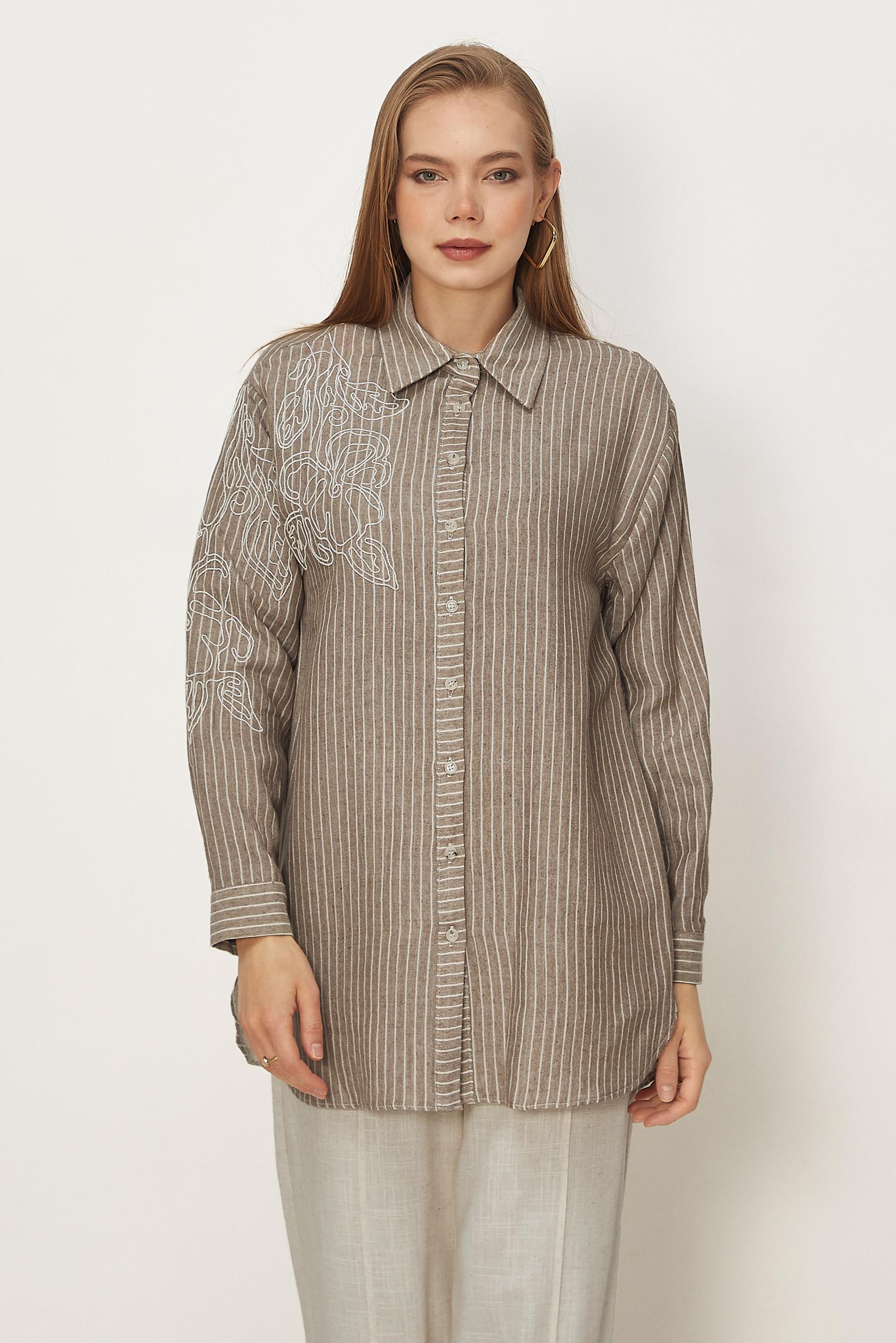 Hijab clothing BROWN STRIPED MUSLIN SHIRT COLLAR TUNIC 46513