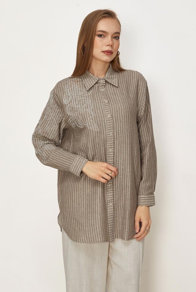 Hijab clothing BROWN STRIPED MUSLIN SHIRT COLLAR TUNIC 46513 - ALVİNA