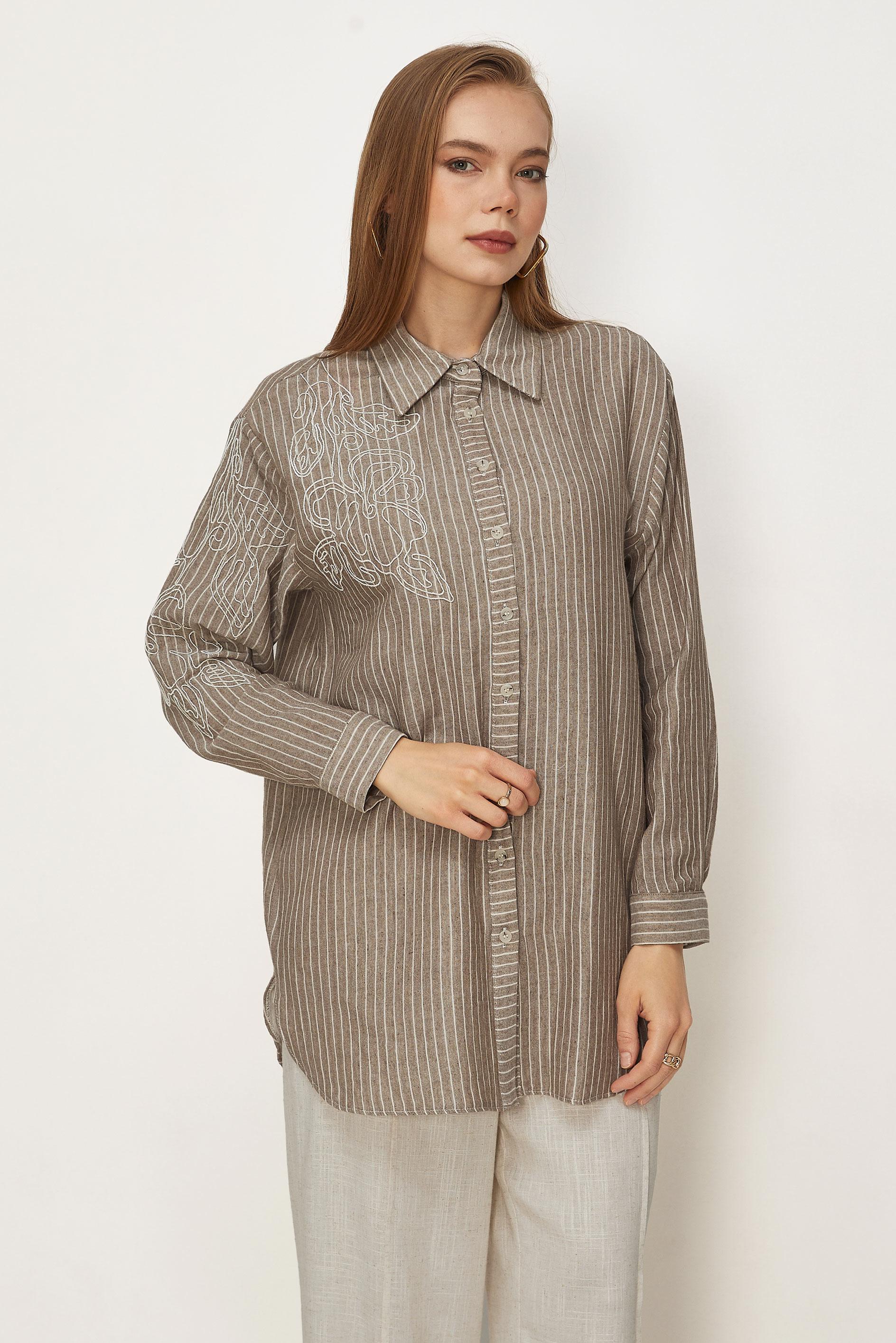Hijab clothing BROWN STRIPED MUSLIN SHIRT COLLAR TUNIC 46513