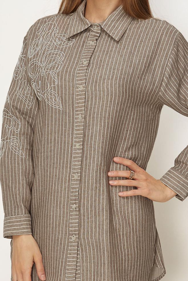 Hijab clothing BROWN STRIPED MUSLIN SHIRT COLLAR TUNIC 46513 - ALVİNA