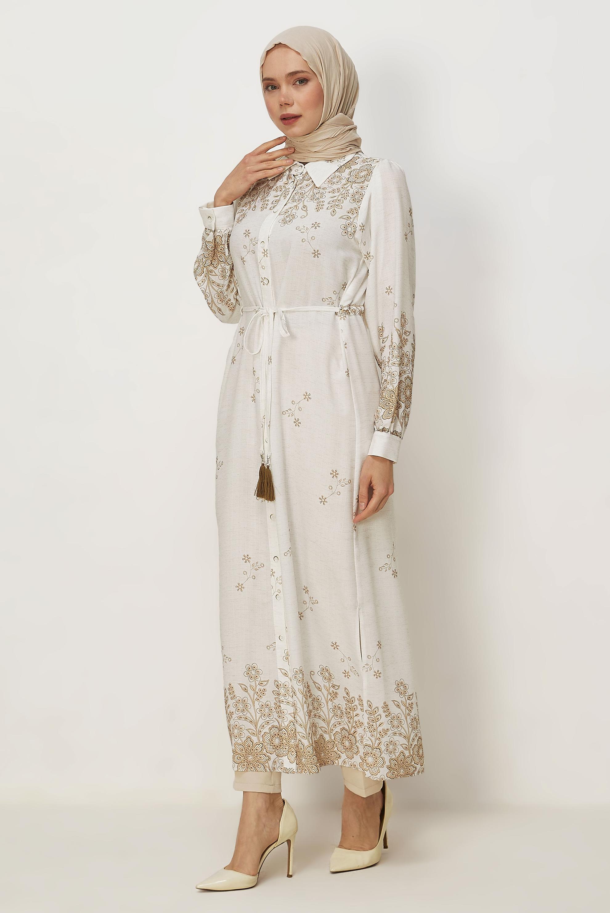 Hijab clothing BEIGE BELTED LINEN EFFECT LONG TUNIC 46515