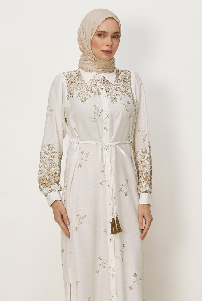 Hijab clothing BEIGE BELTED LINEN EFFECT LONG TUNIC 46515 - ALVİNA