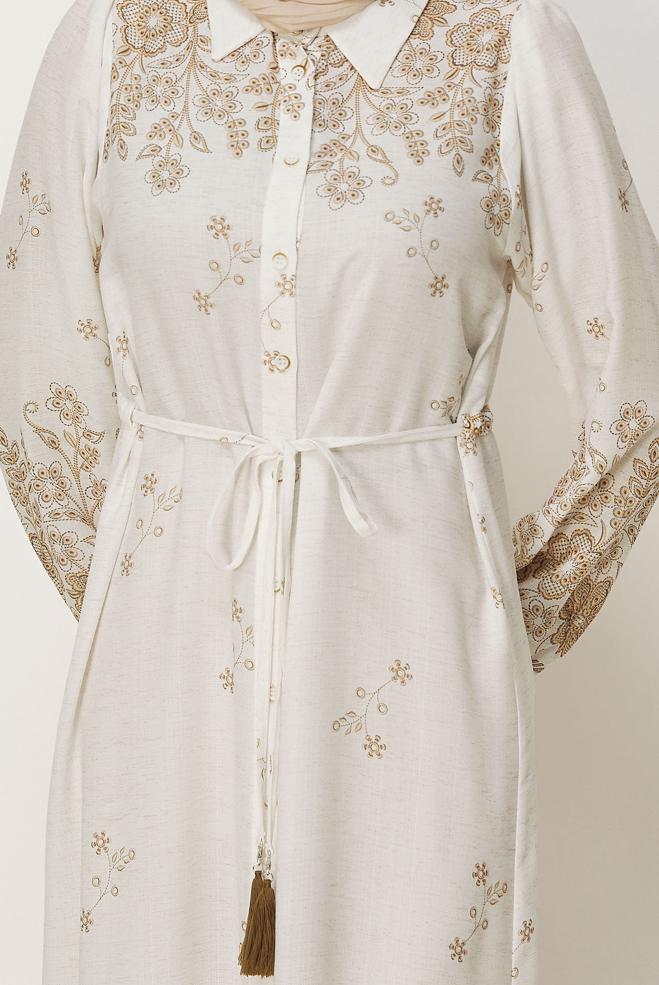 Hijab clothing BEIGE BELTED LINEN EFFECT LONG TUNIC 46515 - ALVİNA