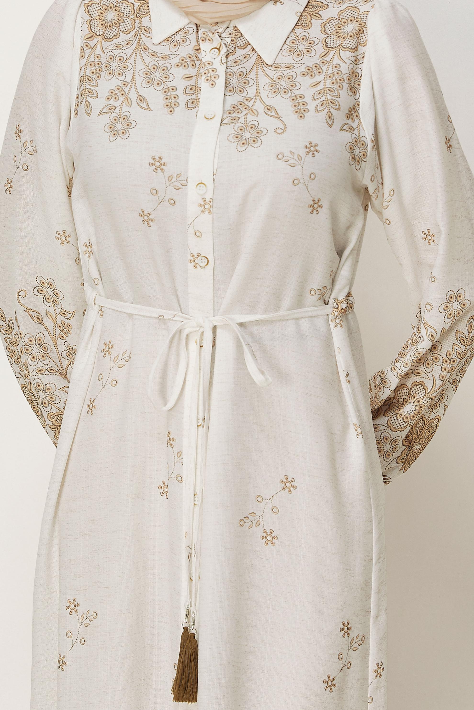 Hijab clothing BEIGE BELTED LINEN EFFECT LONG TUNIC 46515