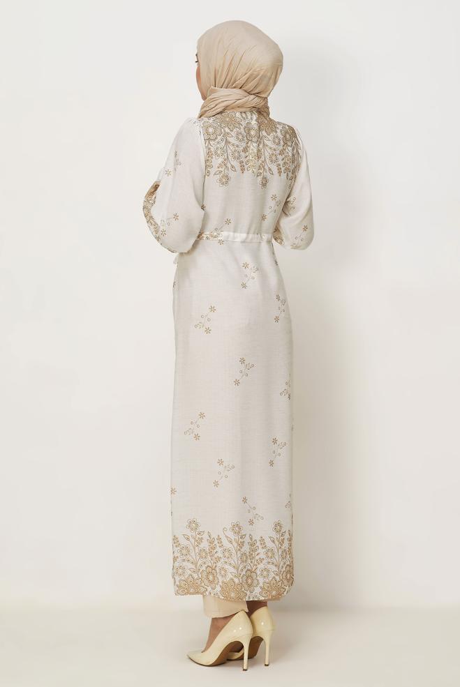 Hijab clothing BEIGE BELTED LINEN EFFECT LONG TUNIC 46515 - ALVİNA