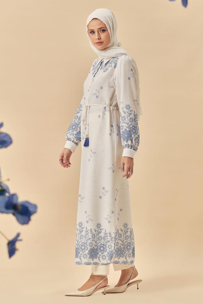 Hijab clothing NAVY BLUE BELTED LINEN EFFECT LONG TUNIC 46515 - ALVİNA