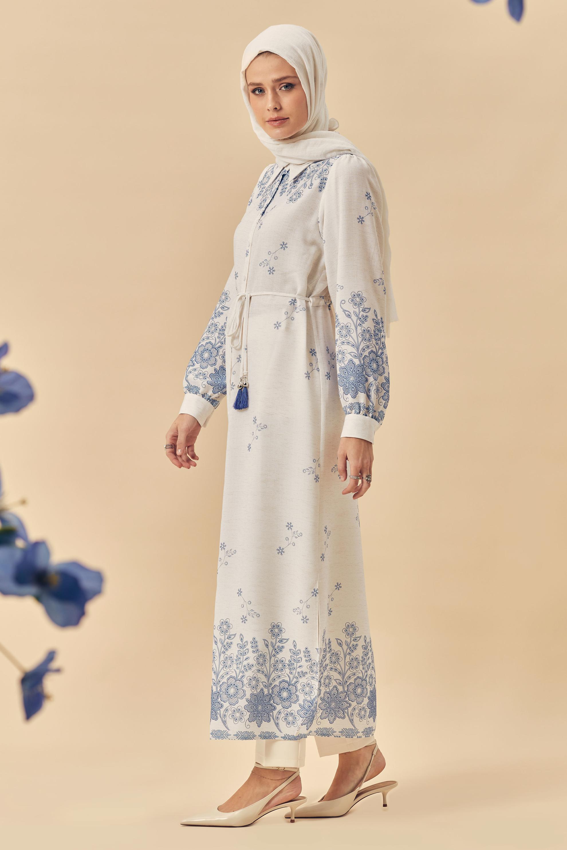 Hijab clothing NAVY BLUE BELTED LINEN EFFECT LONG TUNIC 46515