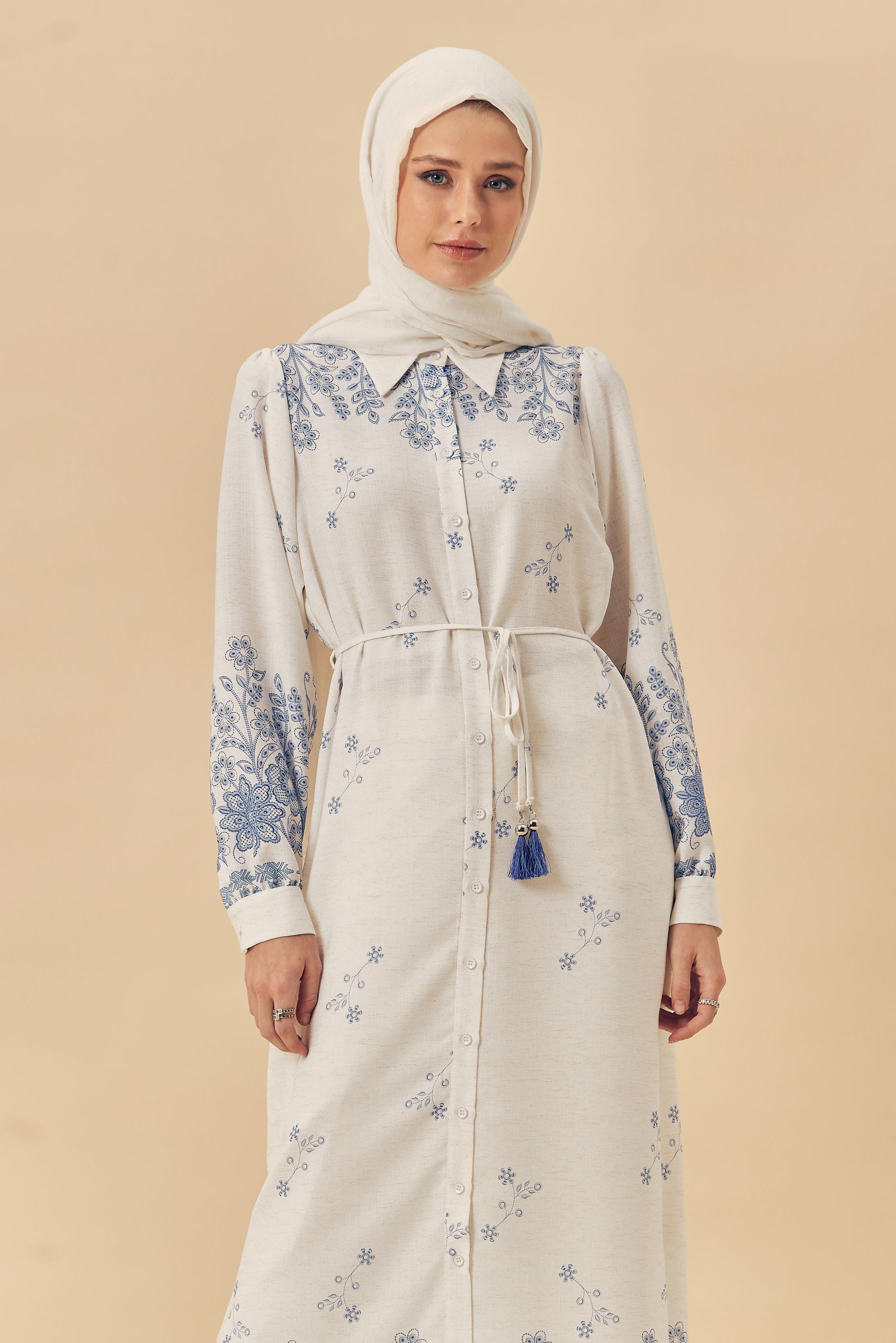 Hijab clothing NAVY BLUE BELTED LINEN EFFECT LONG TUNIC 46515