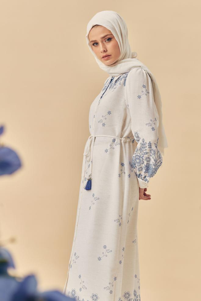 Hijab clothing NAVY BLUE BELTED LINEN EFFECT LONG TUNIC 46515 - ALVİNA