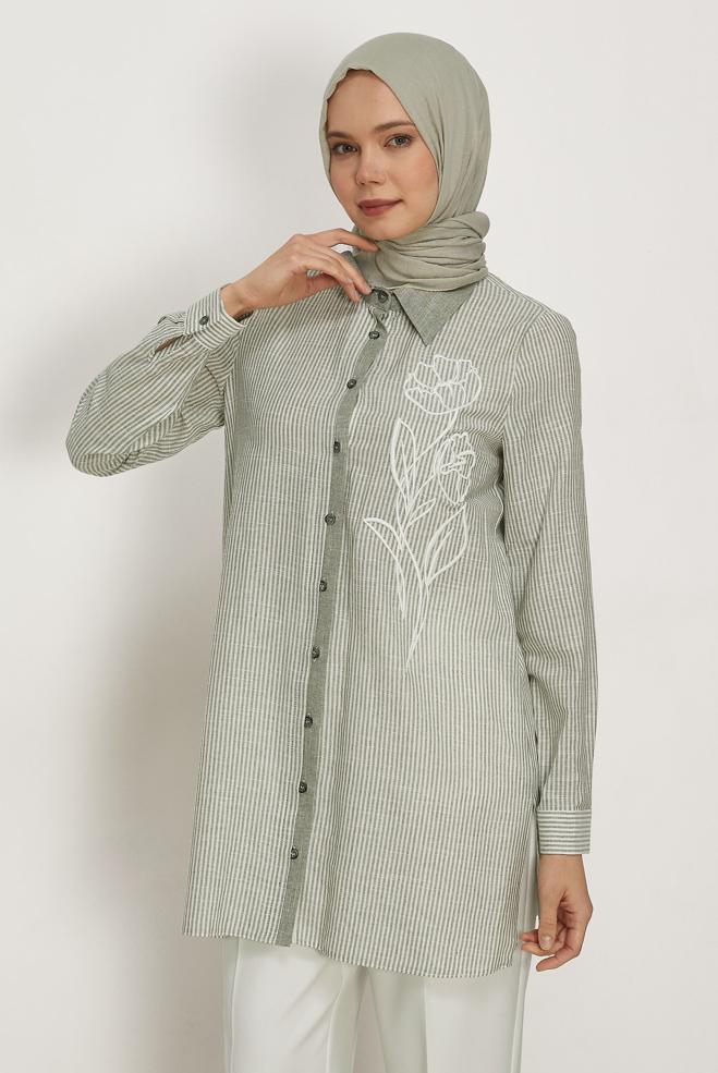 Hijab clothing KHAKI COTTON SHIRT COLLAR TUNIC 46524 - ALVİNA