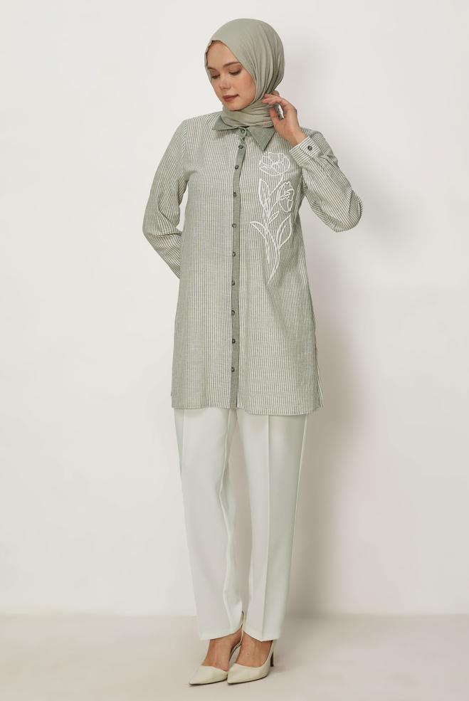Hijab clothing KHAKI COTTON SHIRT COLLAR TUNIC 46524 - ALVİNA
