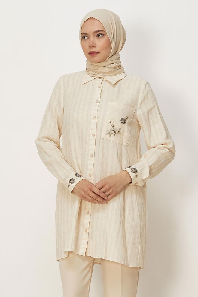 Hijab clothing BEIGE SHIRT COLLAR MUSLIN TUNIC 46525 - ALVİNA