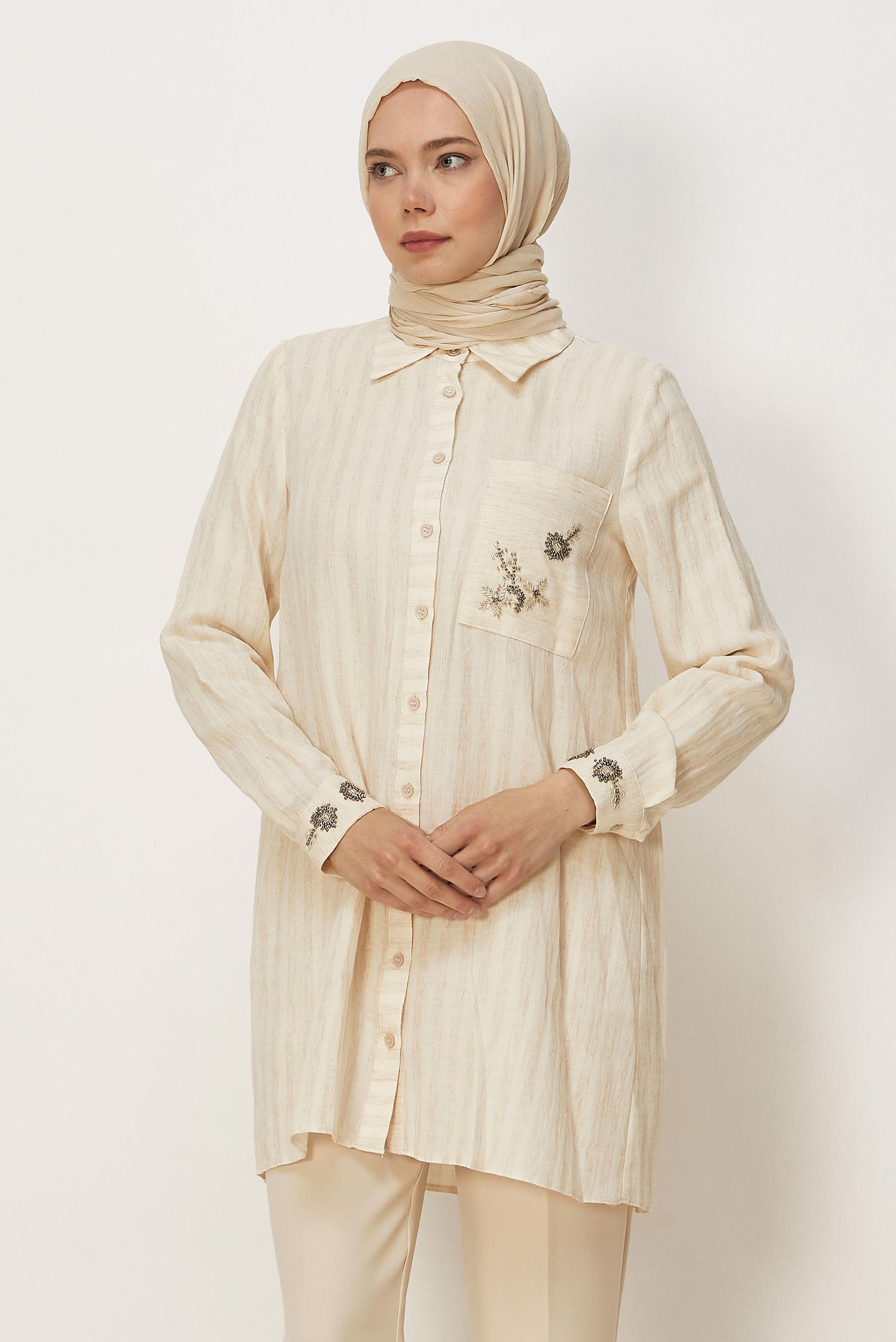 Hijab clothing BEIGE SHIRT COLLAR MUSLIN TUNIC 46525