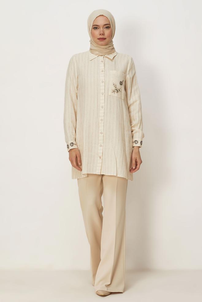 Hijab clothing BEIGE SHIRT COLLAR MUSLIN TUNIC 46525 - ALVİNA