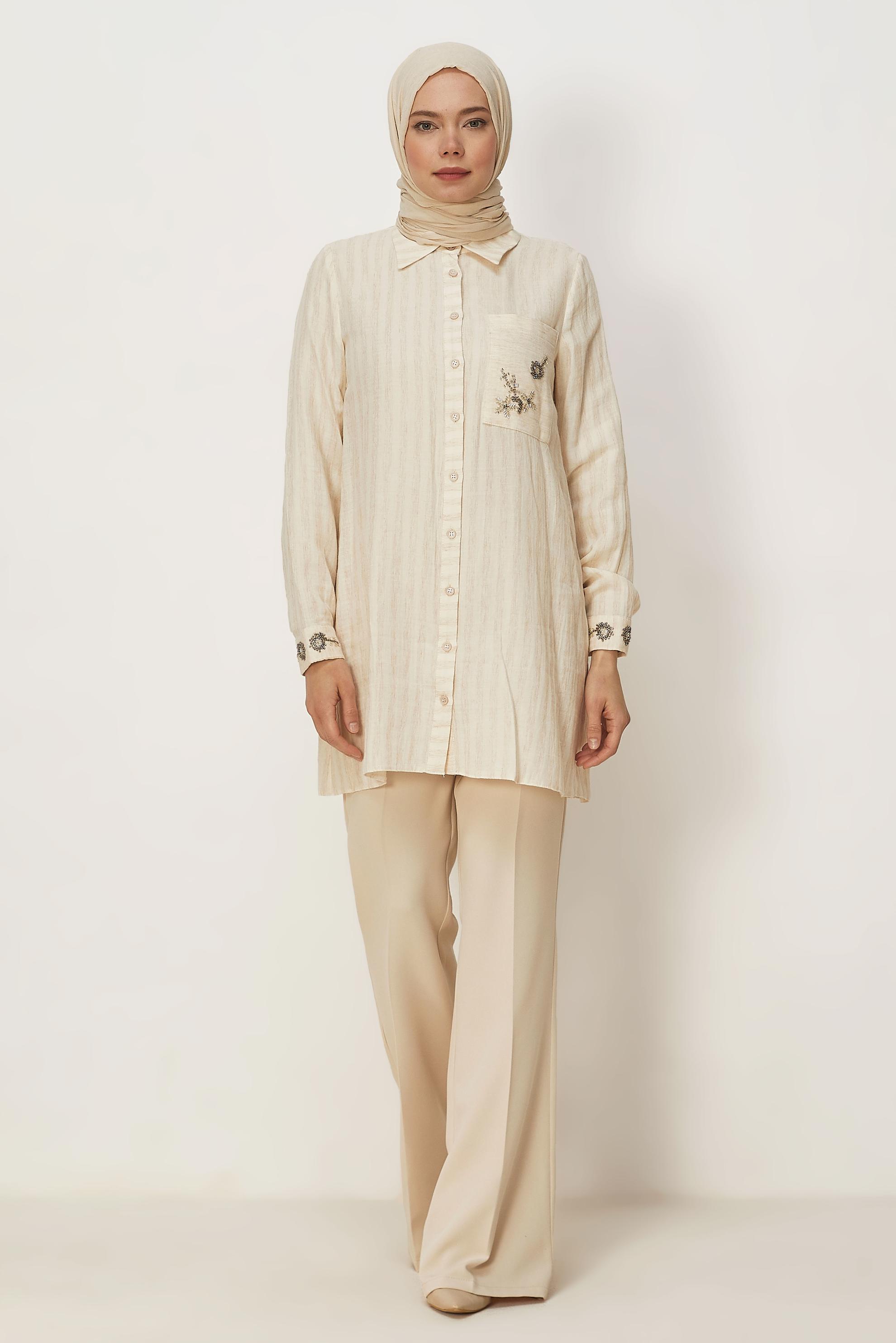 Hijab clothing BEIGE SHIRT COLLAR MUSLIN TUNIC 46525