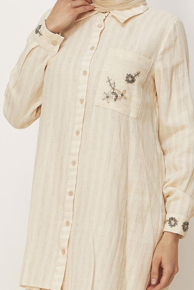 Hijab clothing BEIGE SHIRT COLLAR MUSLIN TUNIC 46525 - ALVİNA