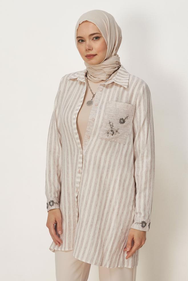 Hijab clothing BROWN SHIRT COLLAR MUSLIN TUNIC 46525 - ALVİNA