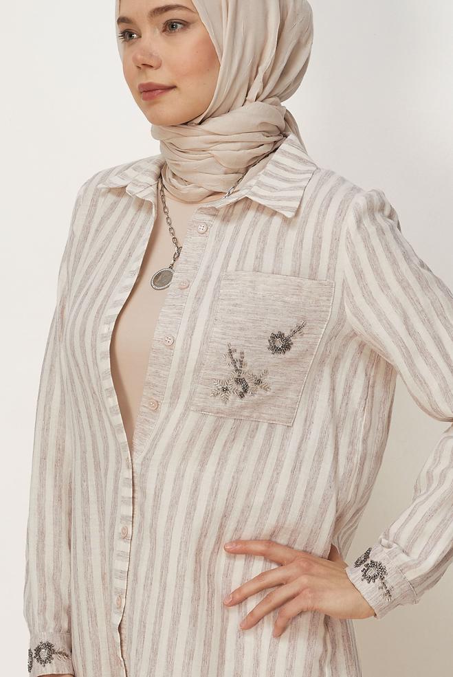 Hijab clothing BROWN SHIRT COLLAR MUSLIN TUNIC 46525 - ALVİNA