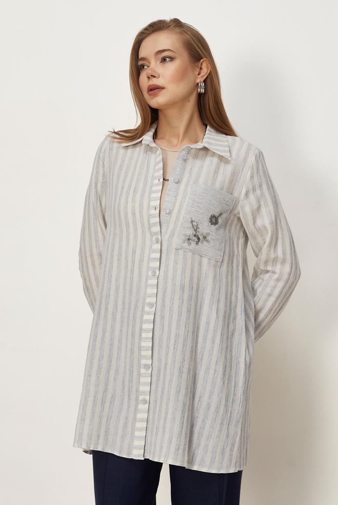 Hijab clothing NAVY BLUE SHIRT COLLAR MUSLIN TUNIC 46525 - ALVİNA