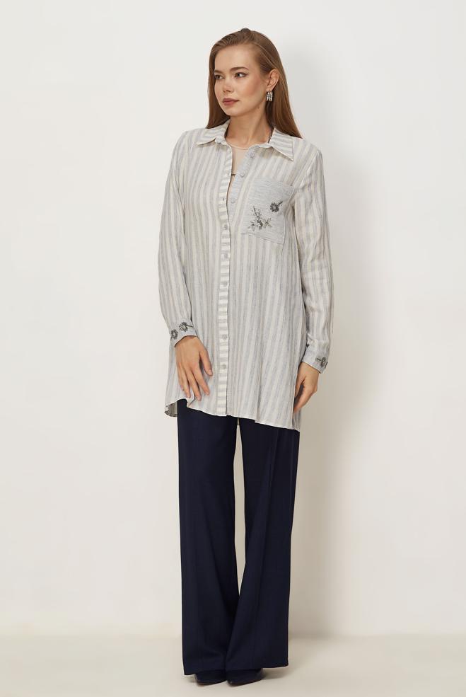 Hijab clothing NAVY BLUE SHIRT COLLAR MUSLIN TUNIC 46525 - ALVİNA