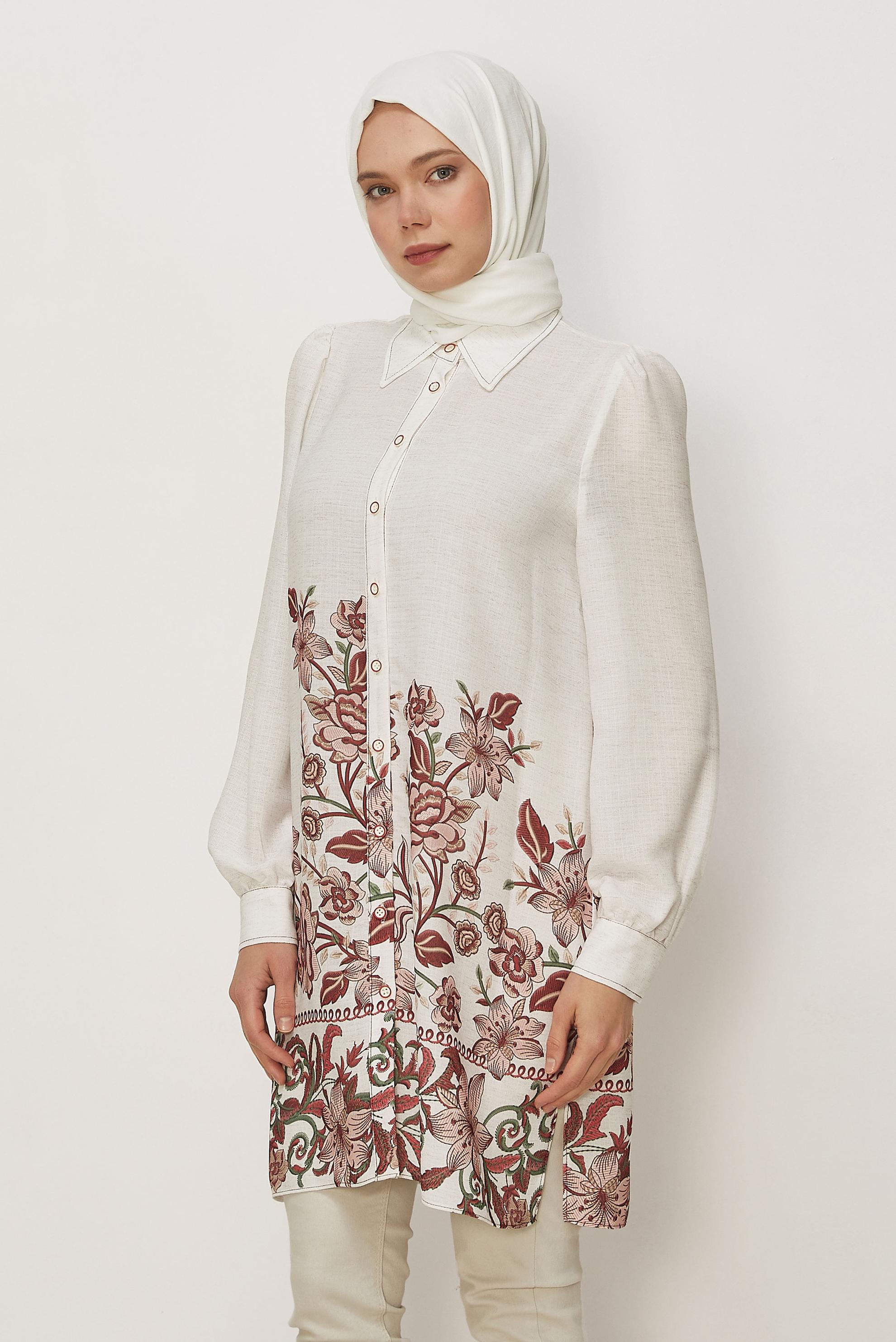 Hijab clothing BEIGE PATTERNED LINEN EFFECT TUNIC 46540