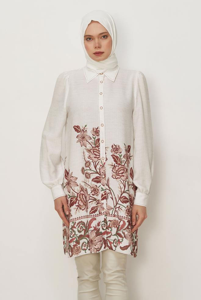 Hijab clothing BEIGE PATTERNED LINEN EFFECT TUNIC 46540 - ALVİNA