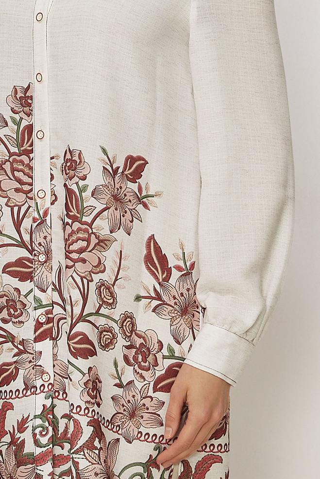 Hijab clothing BEIGE PATTERNED LINEN EFFECT TUNIC 46540 - ALVİNA