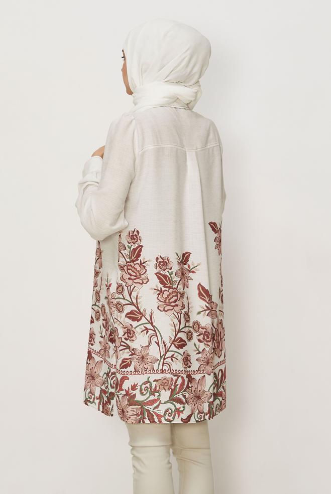 Hijab clothing BEIGE PATTERNED LINEN EFFECT TUNIC 46540 - ALVİNA