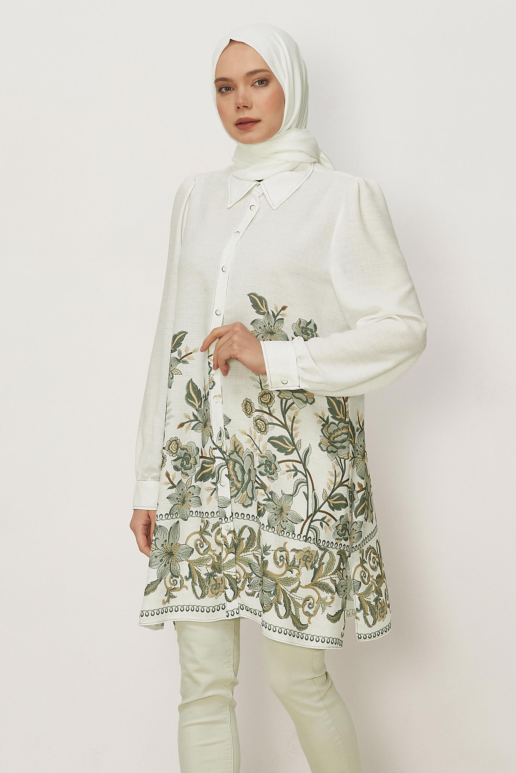 Vêtements hijab KAKI TUNIQUE EFFET LIN À MOTIFS 46540