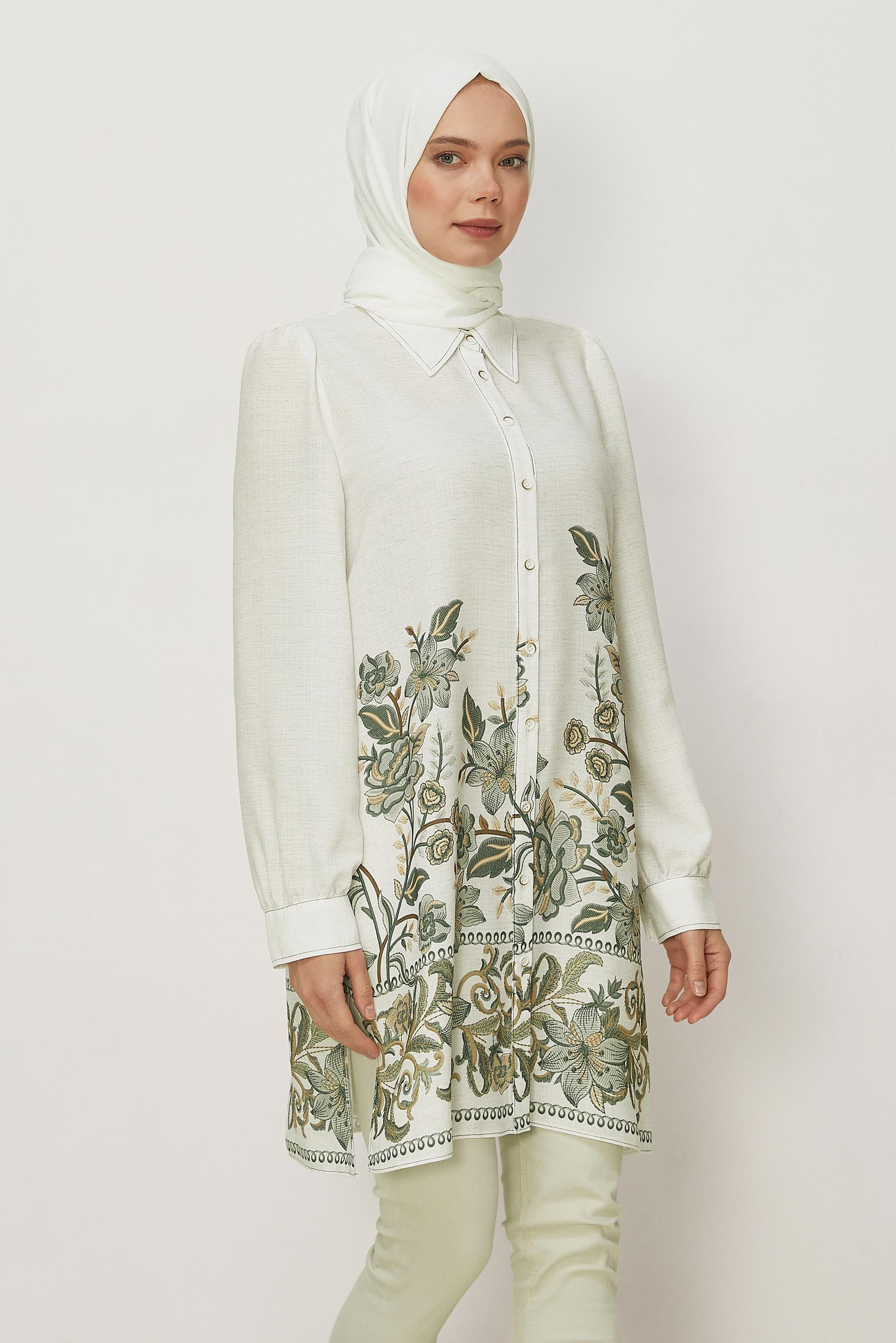 Vêtements hijab KAKI TUNIQUE EFFET LIN À MOTIFS 46540