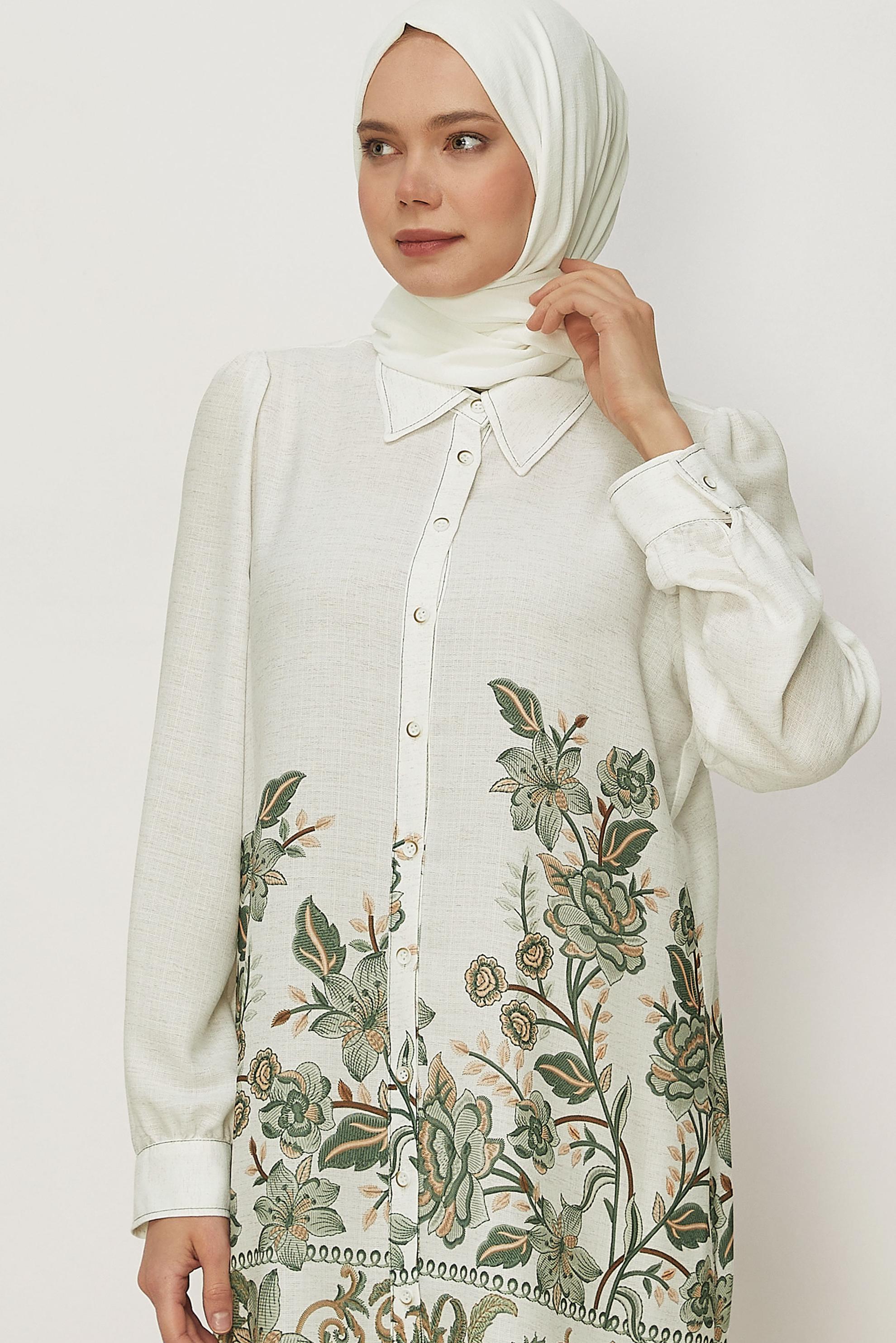 Vêtements hijab KAKI TUNIQUE EFFET LIN À MOTIFS 46540