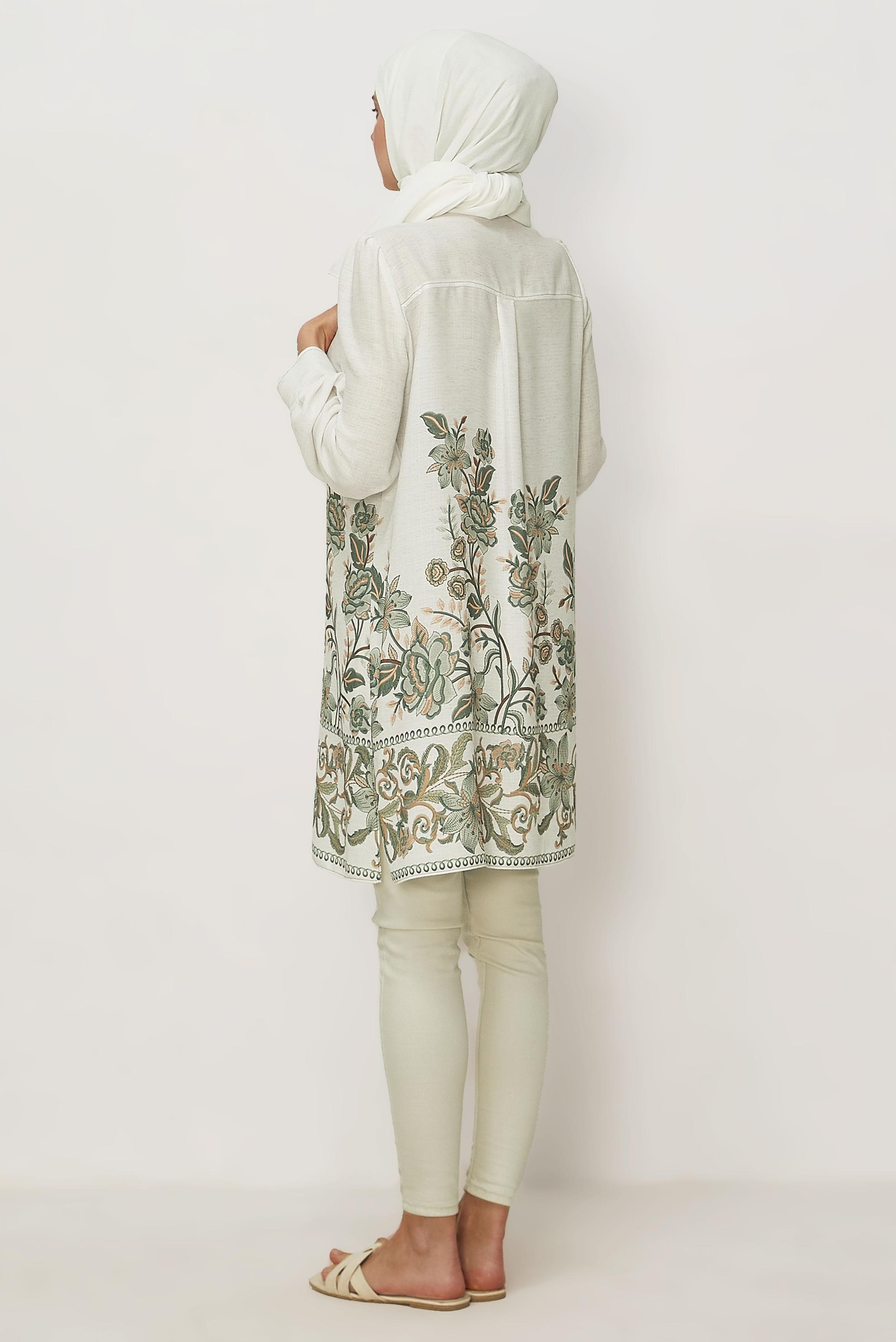 Vêtements hijab KAKI TUNIQUE EFFET LIN À MOTIFS 46540