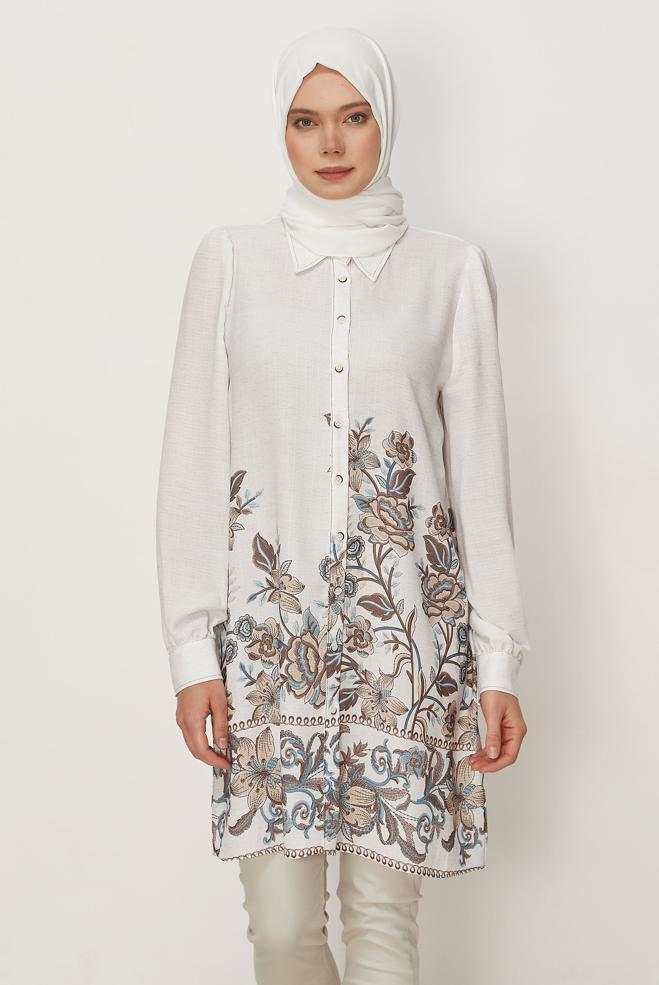 Hijab clothing BROWN PATTERNED LINEN EFFECT TUNIC 46540 - ALVİNA