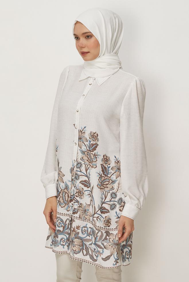 Hijab clothing BROWN PATTERNED LINEN EFFECT TUNIC 46540 - ALVİNA