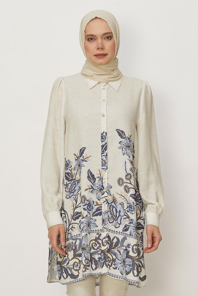 Hijab clothing NAVY BLUE PATTERNED LINEN EFFECT TUNIC 46540 - ALVİNA