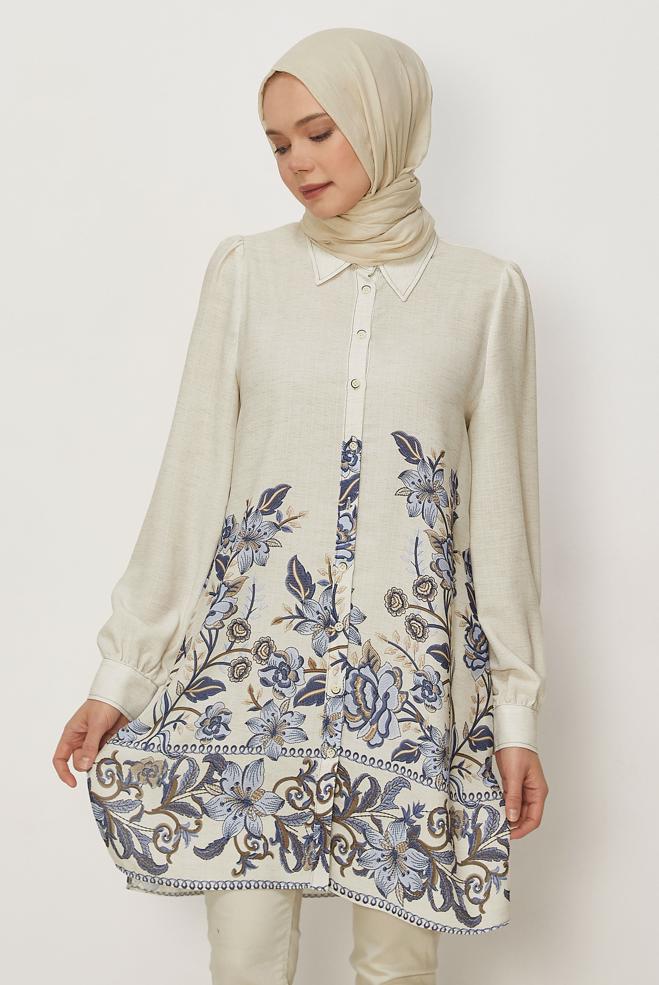 Hijab clothing NAVY BLUE PATTERNED LINEN EFFECT TUNIC 46540 - ALVİNA