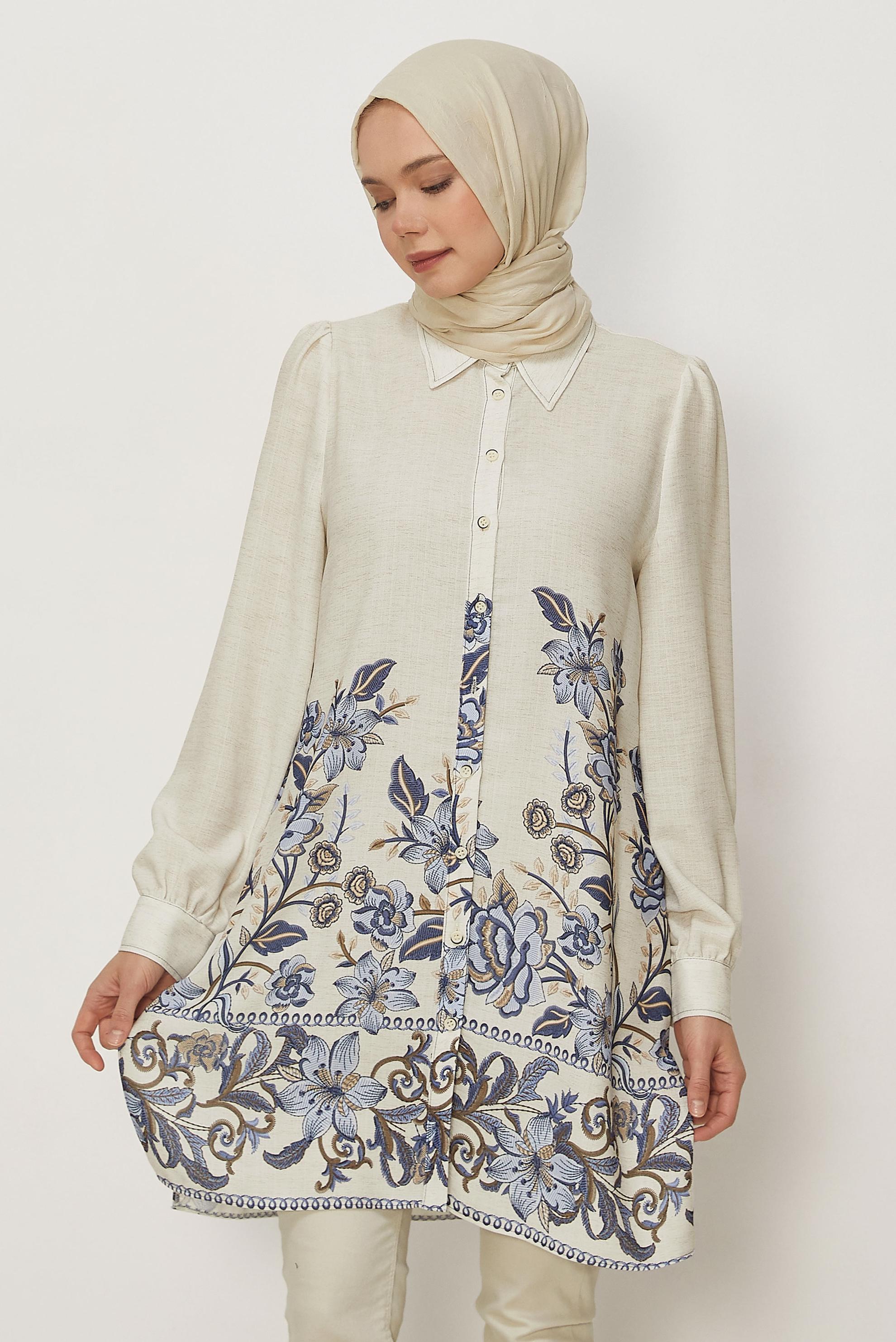 Hijab clothing NAVY BLUE PATTERNED LINEN EFFECT TUNIC 46540